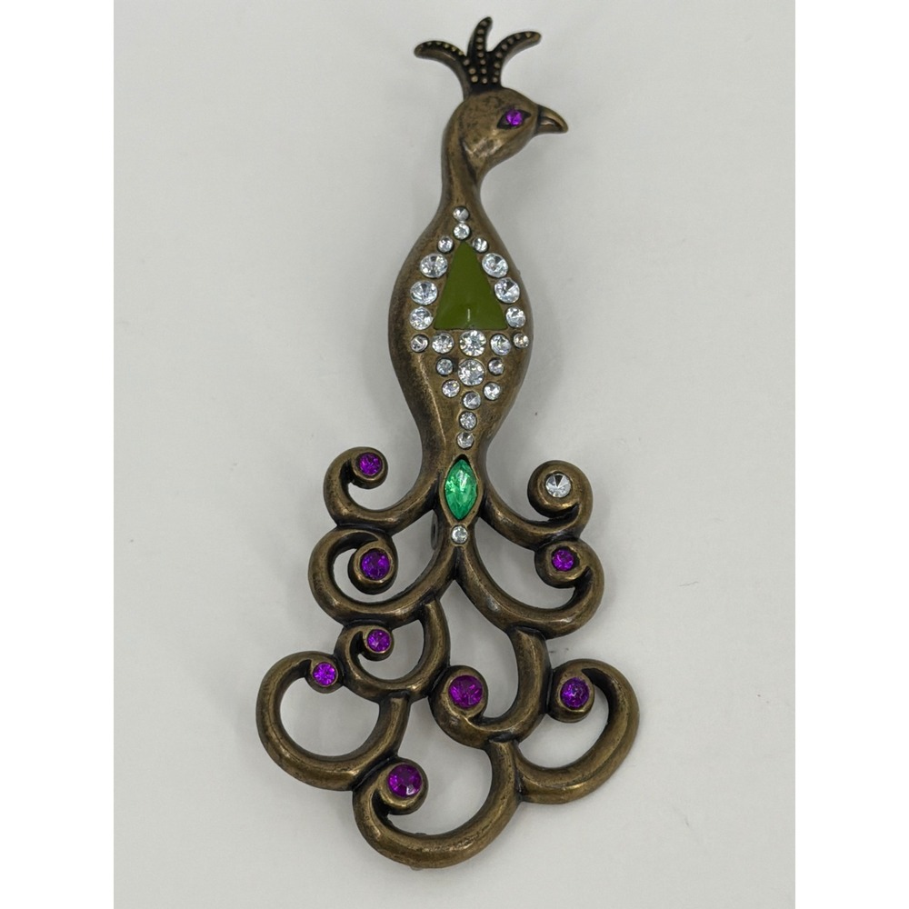 Vintage Bronze Peacock Brooch Pendant Purple Green Rhinestone Statement Jewelry